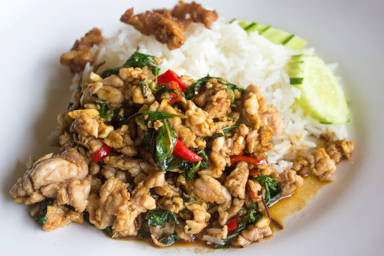 Thai dish close up rice topped with stir fried minced pork 