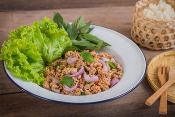 Spicy minced pork salad and sticky rice, Thai food