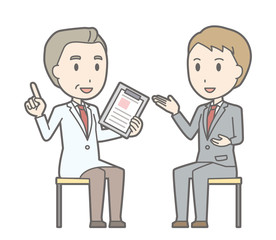 Illustration that a young businessman consults a doctor