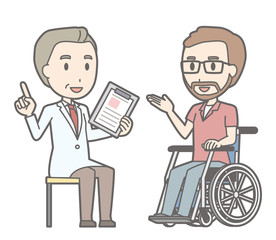 Illustration of a man on a wheelchair consulting with a doctor