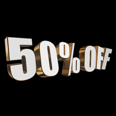 50 percent off letters on black background. 3d render isolated.