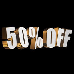 50 percent off letters on black background. 3d render isolated.