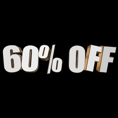 60 percent off letters on black background. 3d render isolated.