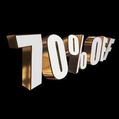 70 percent off letters on black background. 3d render isolated.