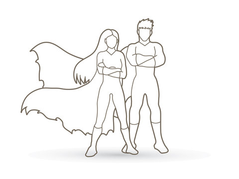 Superhero Man and Woman standing arms across the chest outline graphic vector.