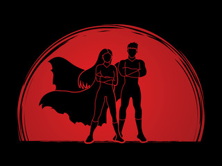 Superhero Man and Woman standing arms across the chest designed on sunlight background graphic vector.