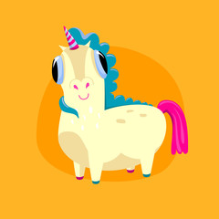 Vector illustration with white cute unicorn isolated on a yellow background. Card with funny cartoon character. Concept for design t-shirt print, poster, stickers