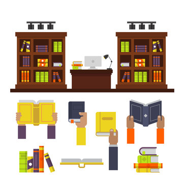 Books cabinet, library in flat style. Hands holding books