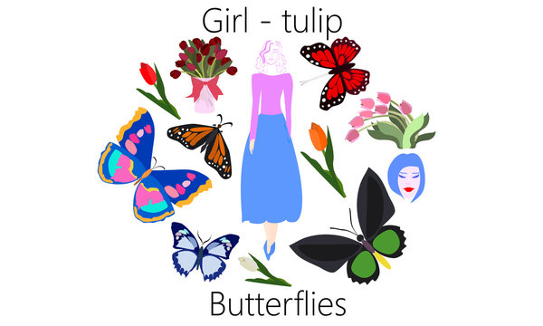 Girl-Tulip Butterflies Vector Clip Art
