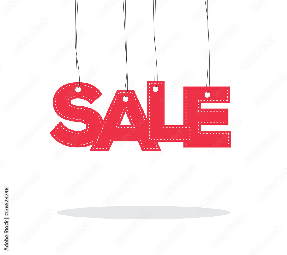 Sticker Red hanging sale word like a label tag with shadow isolated on white background, for sale campaigns. 