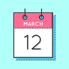 Vector Calendar Icon. Flat and thin line vector illustration. Calendar sheet on light blue background. March 12th