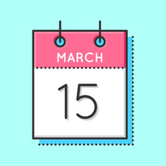 Vector Calendar Icon. Flat and thin line vector illustration. Calendar sheet on light blue background. March 15th