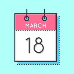Vector Calendar Icon. Flat and thin line vector illustration. Calendar sheet on light blue background. March 18th
