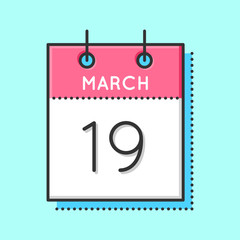 Vector Calendar Icon. Flat and thin line vector illustration. Calendar sheet on light blue background. March 19th