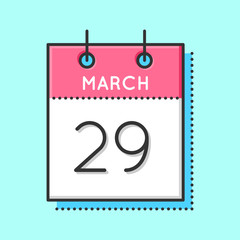 Vector Calendar Icon. Flat and thin line vector illustration. Calendar sheet on light blue background. March 29th