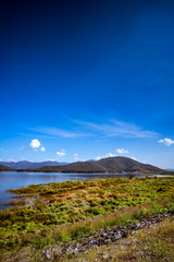 Lake with mountain and blue sky background