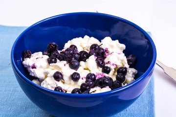 Healthy food: cottage cheese with frozen blueberries