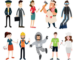 Profession set: the driver, a businessman, a hairdresser, a butcher, a diver, artist, builder, astronaut, football and cook