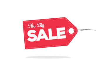 Red price tag label with the big sale word on it and with shadow isolated on white background. For summer sale campaigns. 