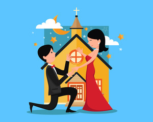 Cute Romantic Proposal Night In Front Of Church Couple Illustration, Suitable for Invitation, Web Banner, Social Media, and Other Valentine Related Occasion