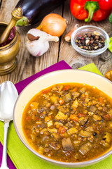 Vegetarian soup with lentils and aubergines