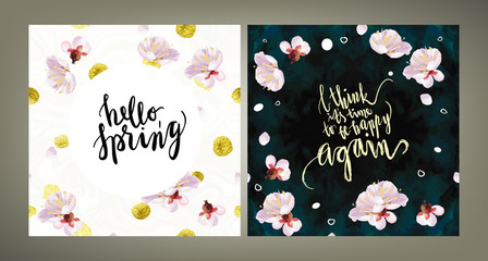 Spring mood illustrations set. Card vector template. Hand written lettering. Textured plum tree flowers and petals on velvet textured background. - 136526587