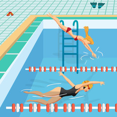 Public swimming pool inside with blue water. Young women in spor
