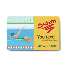 Young woman in sports swimsuit swims in the pool. Club card or f