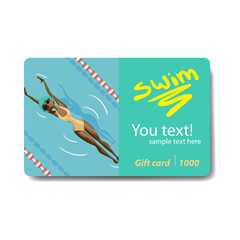 Young woman in sports swimsuit swims in the pool. Club card or f