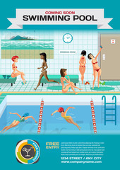 Template for a poster on the gym. Public swimming pool inside wi