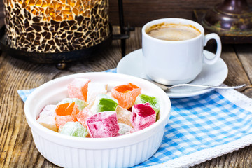 Eastern dessert Turkish delight and coffee with cream