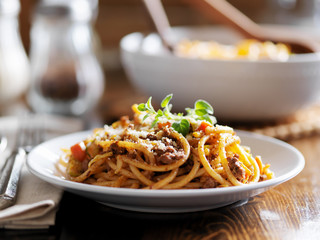 spaghetti and beef sauce with cheese and herbs shot close up
