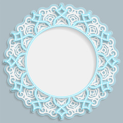 3D round frame for a photo or picture, vignette with ornaments, lace border,  bas-relief ornament,  openwork  pattern, template greetings, vector