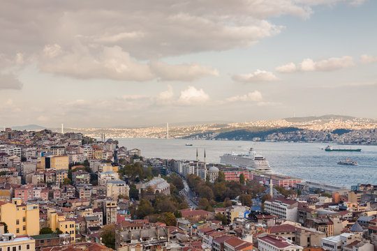 Sunset view from Galata tower to Golden Horn, Istanbul, Turkey.