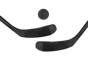 Hockey puck and two sticks