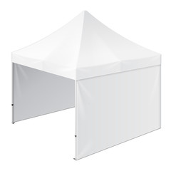 Promotional Outdoor Event Trade Show Pop-Up Tent Mobile Marquee. Mock Up, Template. Illustration Isolated On White Background. Ready For Your Design. Product Advertising. Vector EPS10