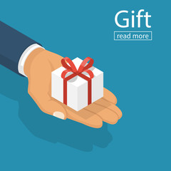 Gift white box with red ribbon and bow in hands of men. Holding in palms gift-box. Vector illustration isometric flat design. Giving, receiving surprise. Isolated on background. 3d surprise.