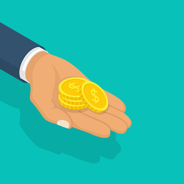 Gold coin in hand businessman isometric design. Vector illustration flat design. Isolated on background. Giving, receiving take money. Concept of charity, donate. Stack of coins.