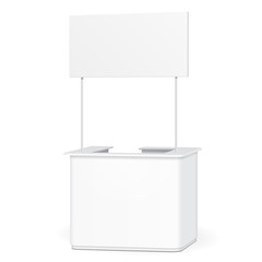Sqaure POS POI Blank Empty Advertising Retail Stand Stall Bar Display With Roof, Canopy, Banner. On White Background Isolated. Mock Up Template. Product Advertising Vector