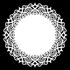 Lace round paper doily, lacy snowflake, greeting element,  template for cutting  plotter, round pattern, laser cut  template, doily to decorate the cake,  vector illustrations.