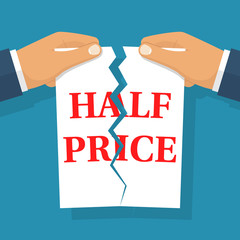 Half price sale concept. Male two hands tearing paper. Vector illustration flat design. Isolated on background.