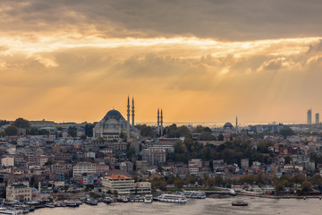 Sunset view from Galata tower to Golden Horn, Istanbul, Turkey.