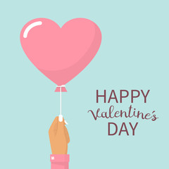 Happy Valentine's Day card. A girl holding a balloon in the form of heart. Vector illustration flat design. Isolated on white background. Pink heart on the rope.