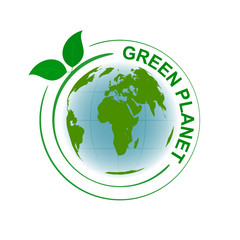 Green planet vector symbol with map and green leaves.