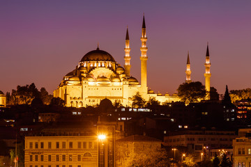 Naklejka premium Night view of mesque near Borphorus and Galata bridge, Istanbul, Turkey.