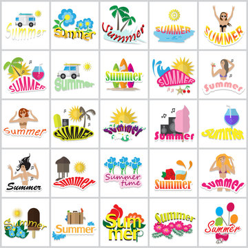 Summer Icons Set Isolated On White Background-Vector Illustration,Graphic Design.Party Girls,Color Symbols.For Web Site,Apps,Print,Presentation Templates,Mobile Applications And Promotional Materials