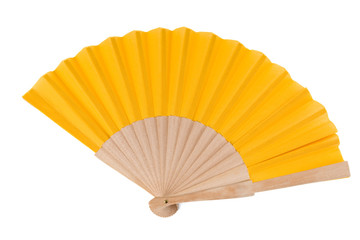 Yellow Open Hand Fan Isolated on a White Background. Studio shot.