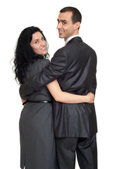 couple rear view, people backside look around, dressed in classic suit, white background