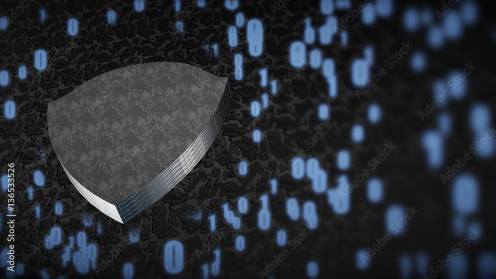 Poster the composition of cybersecurity. shield with binary code and depth of field. 3d rendering