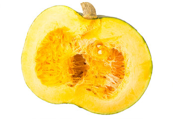 Gray pumpkin cut in half, pulp and seeds